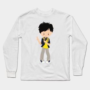 Rock Boy, Black Hair, Microphone, Band Singer Long Sleeve T-Shirt